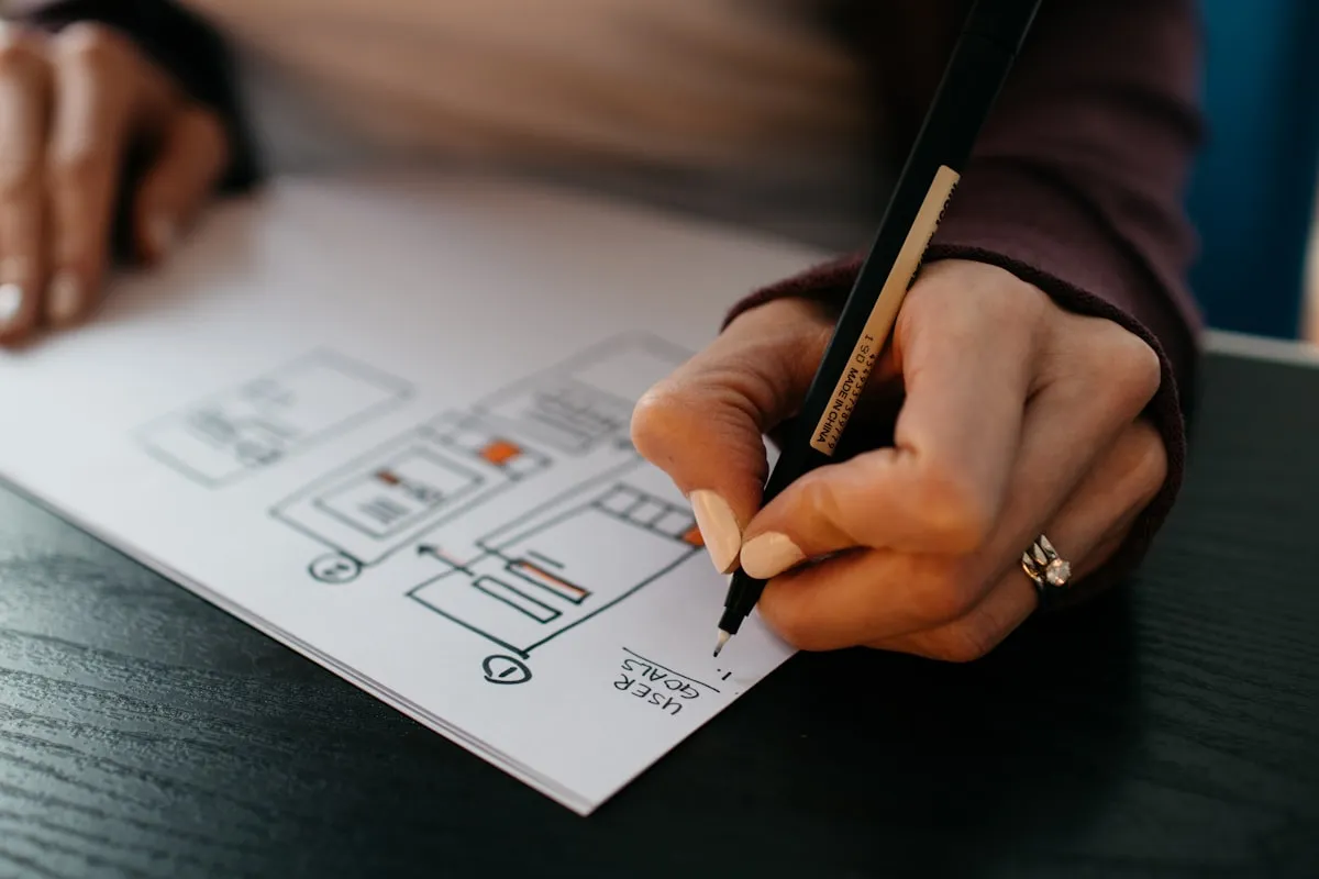 UX designer reviewing wireframes and user journey maps in a London studio
